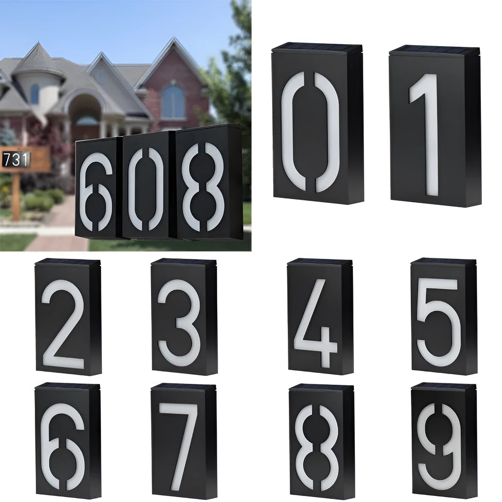Solar powered illuminated house number light with LED illumination and weatherproof construction
