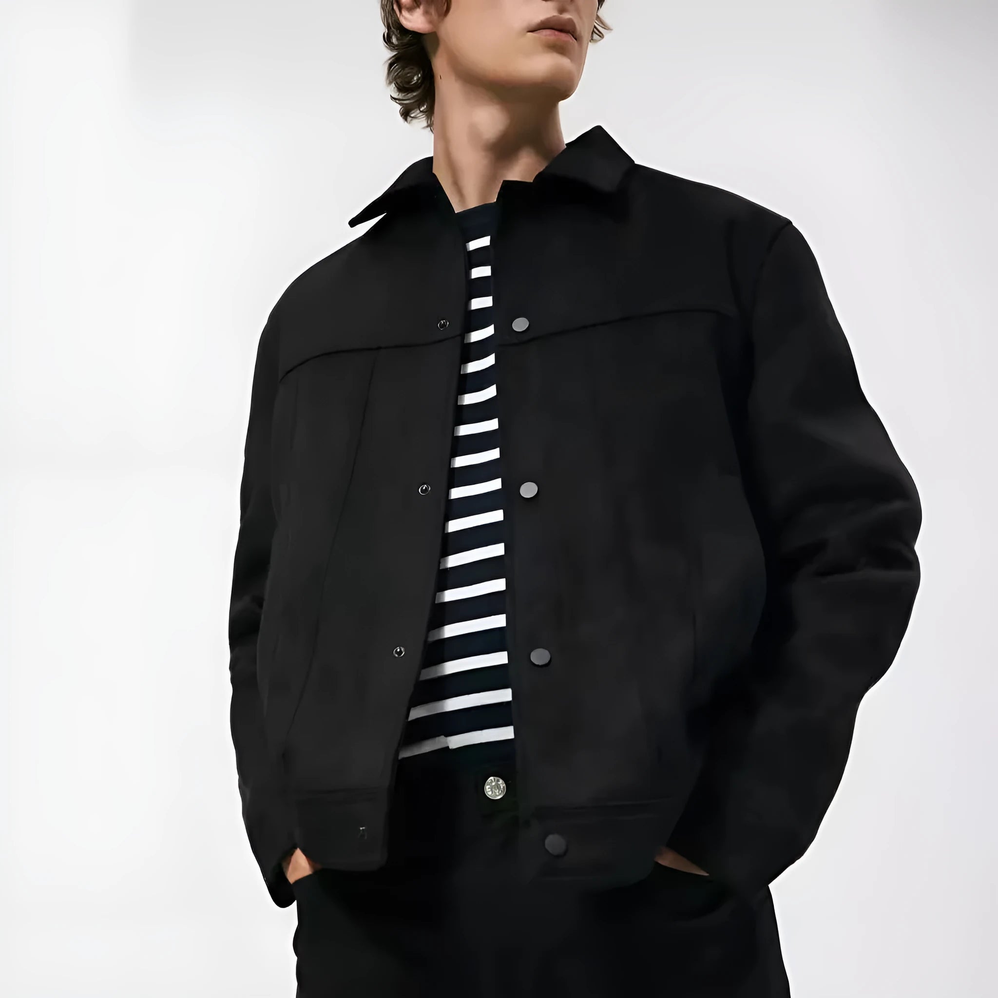 Men's black hooded jacket with suede collar in regular fit for spring leisure wear