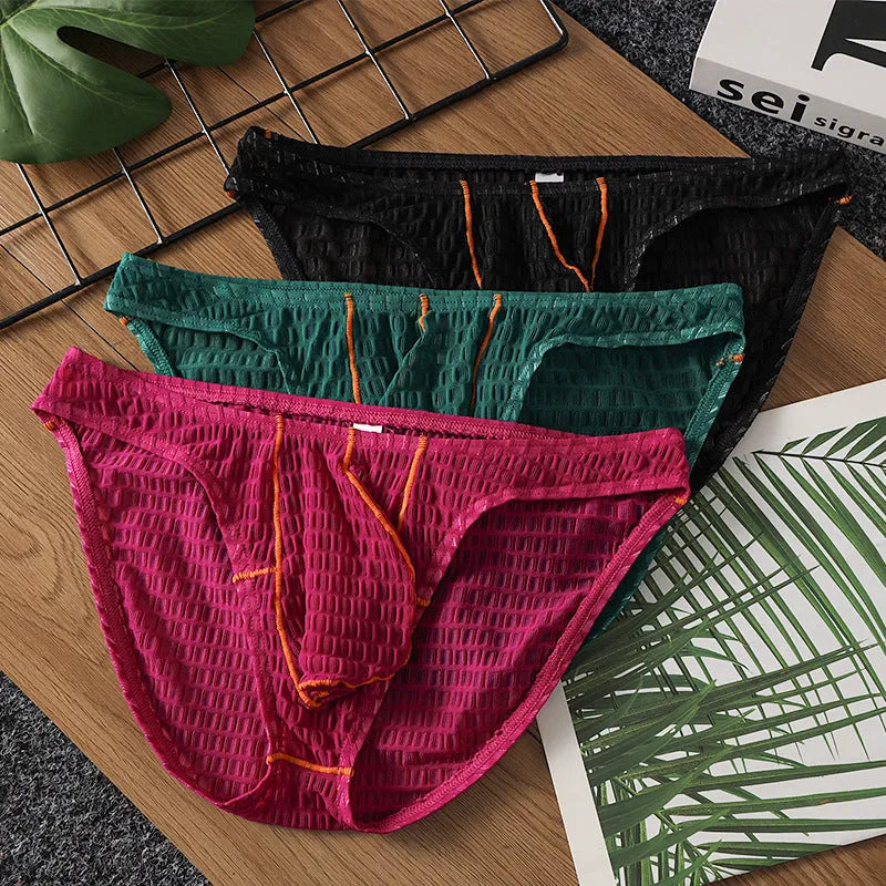Men's low waist lace briefs in five colours: white, black, green, rose red, and light purple