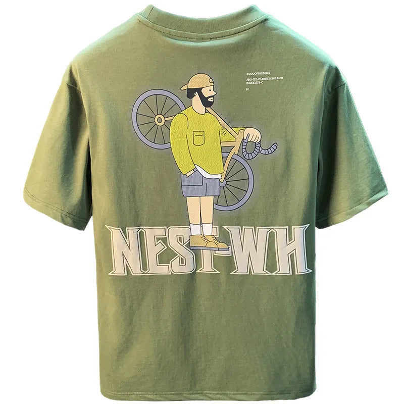 Green men's t-shirt with literary youth print design, loose fit short sleeve cotton construction