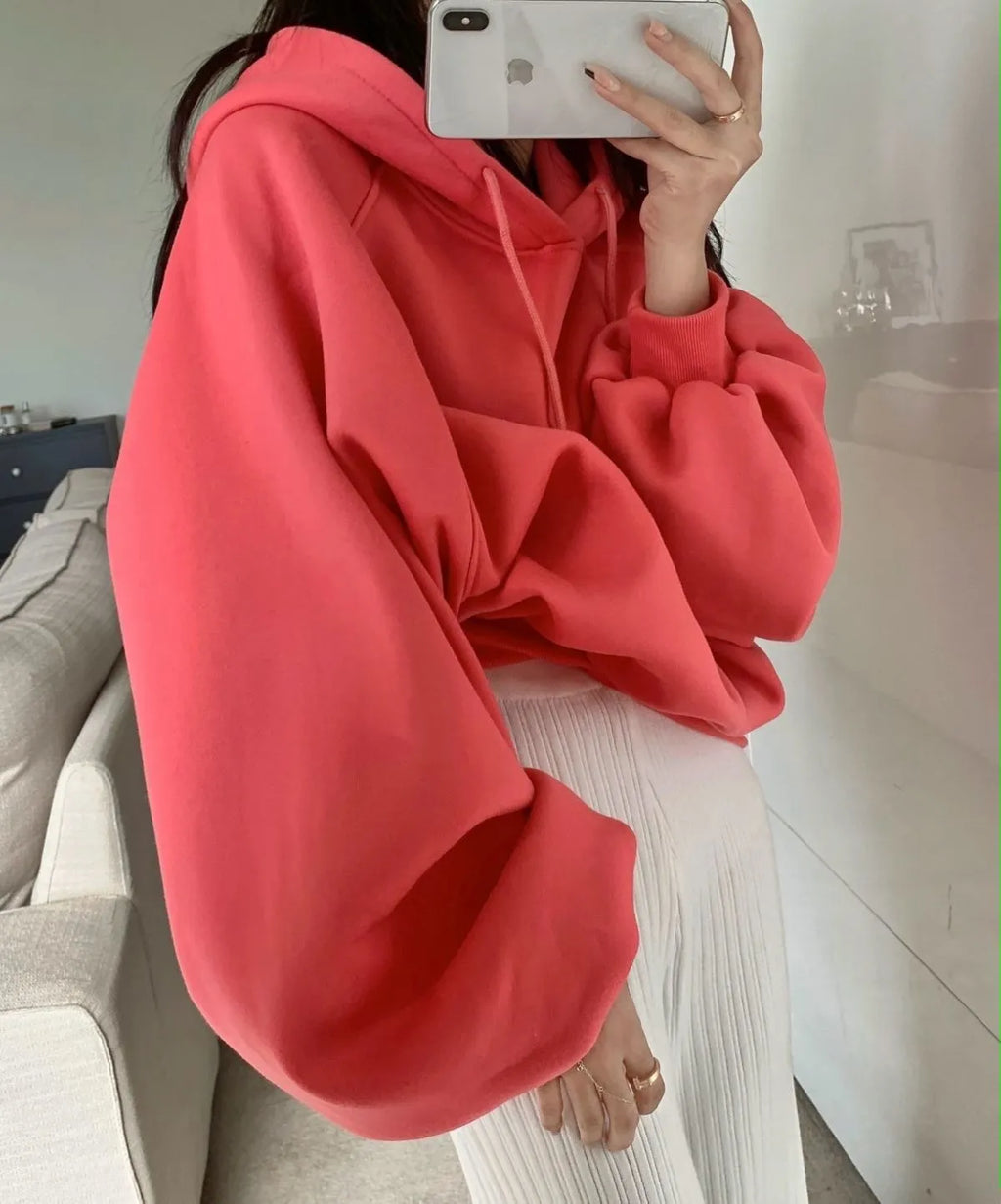 Women's loose mulberry silk hooded sleeveless sweater in watermelon red colour