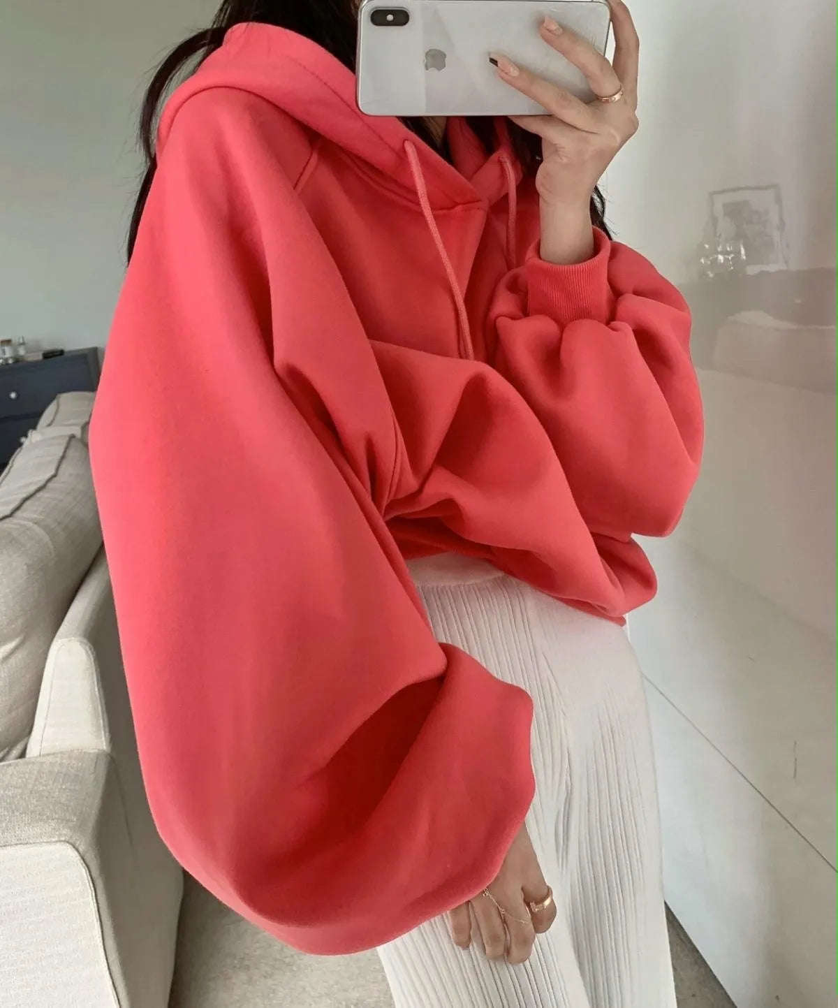 Women's loose mulberry silk hooded sleeveless sweater in watermelon red colour