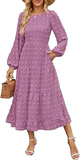 Women's beige long sleeve casual dress with ruffled sleeves and a high waist.
