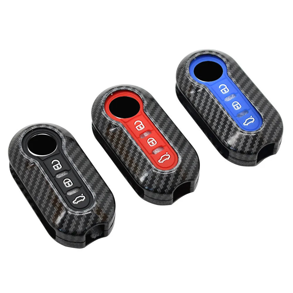 Fiat 500 ABS key case shell in black, red and dark blue colours with carbon fibre style texture