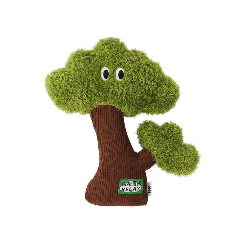 Green pine tree-shaped cat chew toy with a hanging loop, shown with size options.
