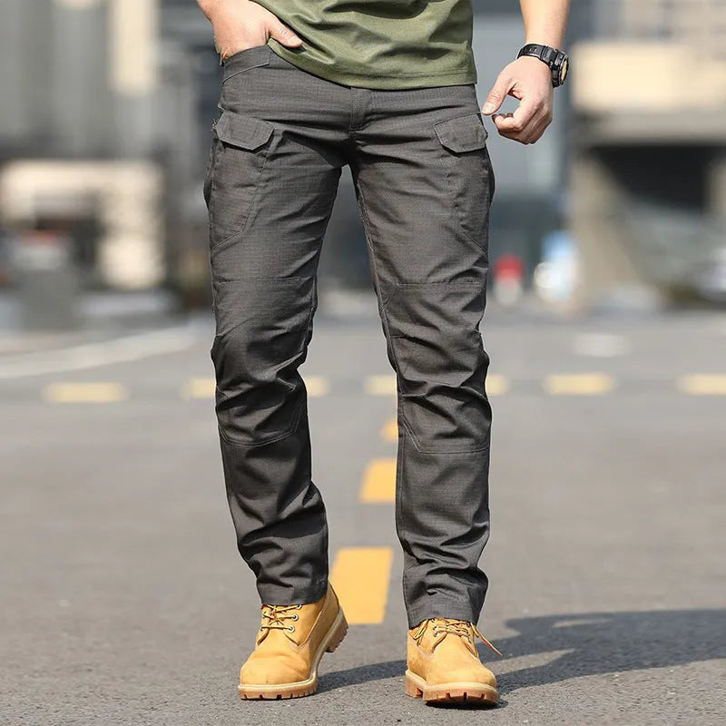 Men's solid colour training pants in khaki, made from chemical fibre blending fabric, designed for hiking and camping
