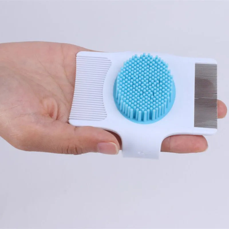 Blue multifunctional dog grooming comb for hair removal, massage, and flea control measuring 8.5cm long