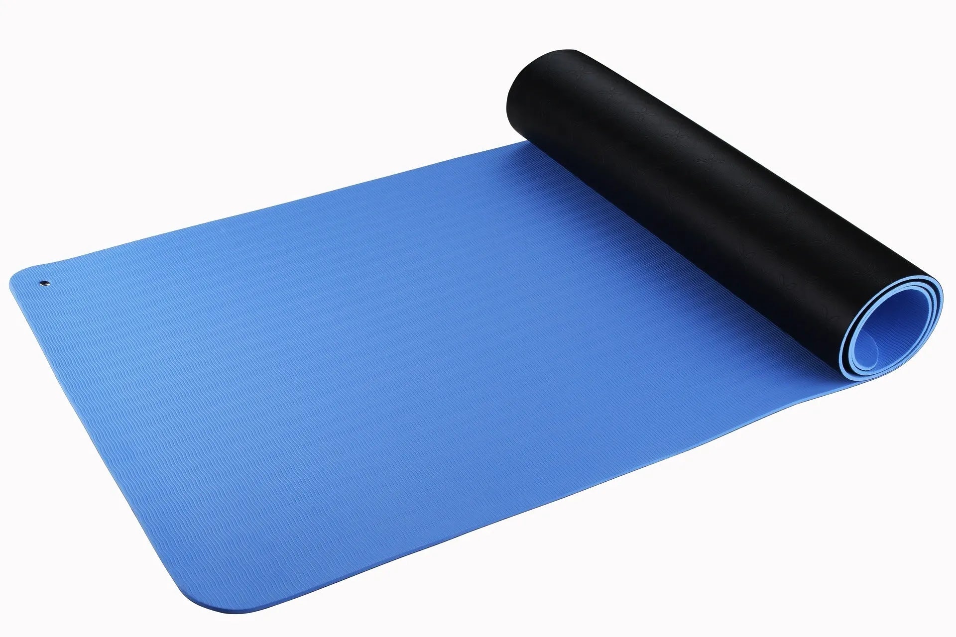 Blue conductive yoga mat with plant pattern, grounding wire, and 182x61cm dimensions