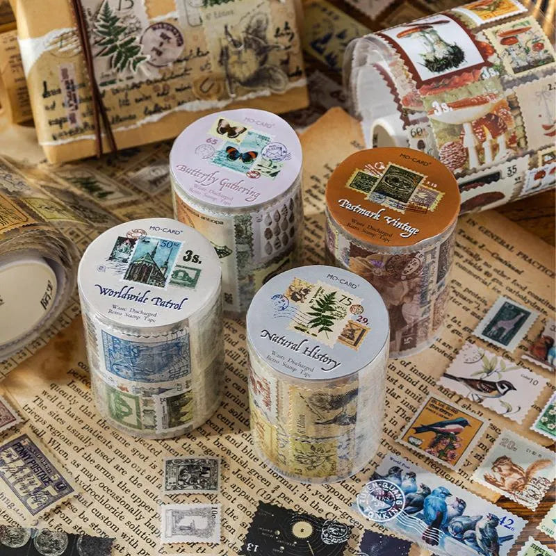 Roll of retro-design coated paper stamp stickers for journal decoration, showing one of four themed collections.