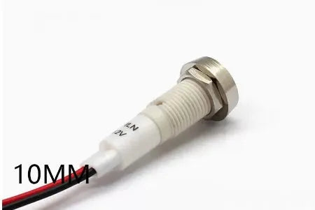 10mm plastic indicator light with wire, flat metal base, in white, yellow, red, green, and blue colour options.