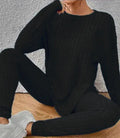 Black sunken stripe two-piece home exercise set with regular-sleeve top and matching pants