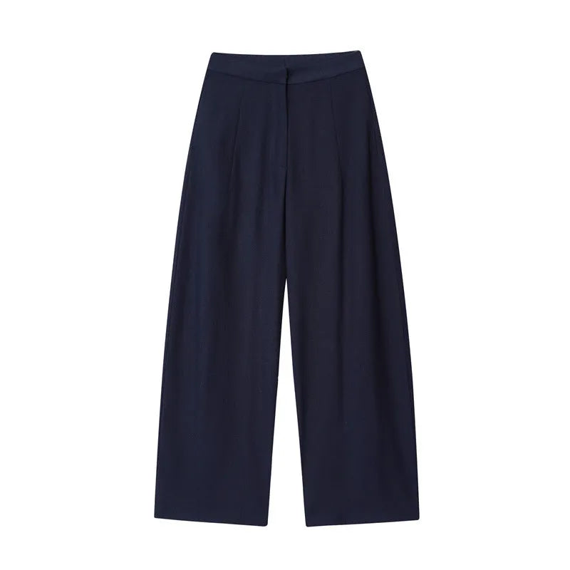 Women's linen-blend shirt with flounced sleeves and matching wide leg trousers in a two-piece commute wear set