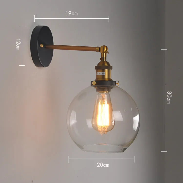 20cm retro round ball glass wall lamp with transparent amber smoke grey colour options