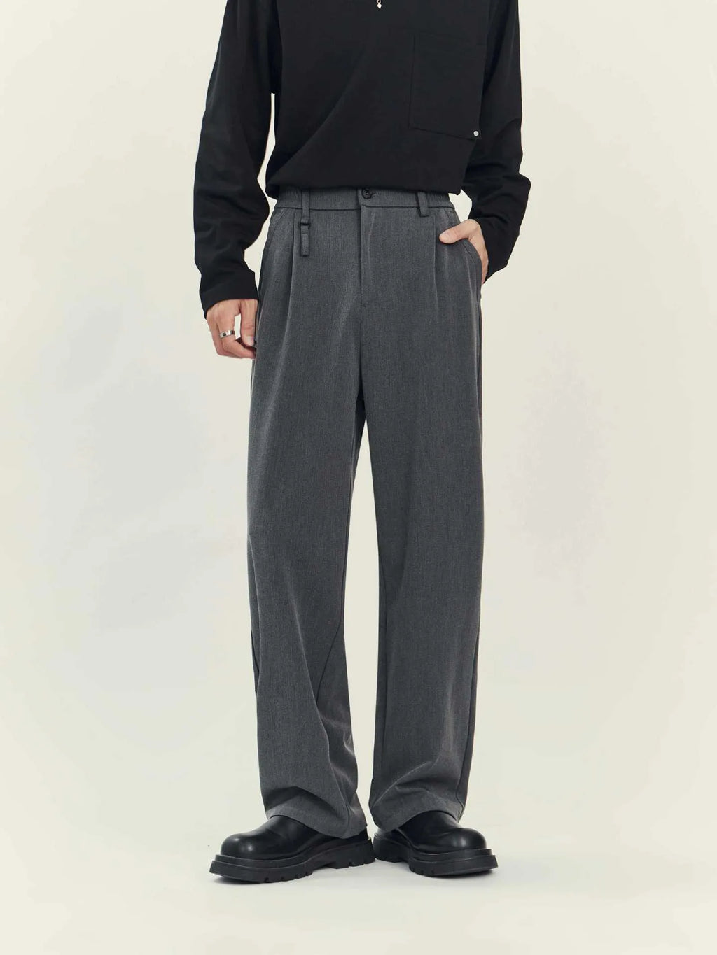 Women's business casual draping trousers, loose straight leg, black polyester blend