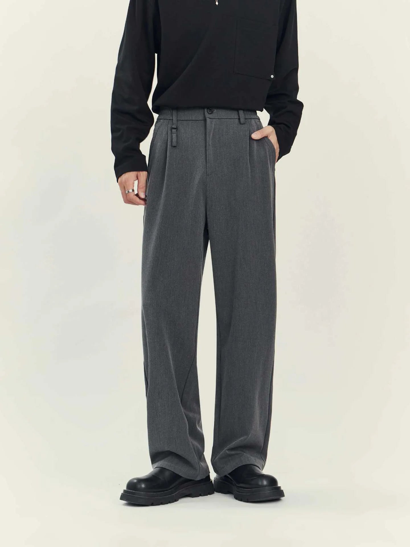 Women's business casual draping trousers, loose straight leg, black polyester blend