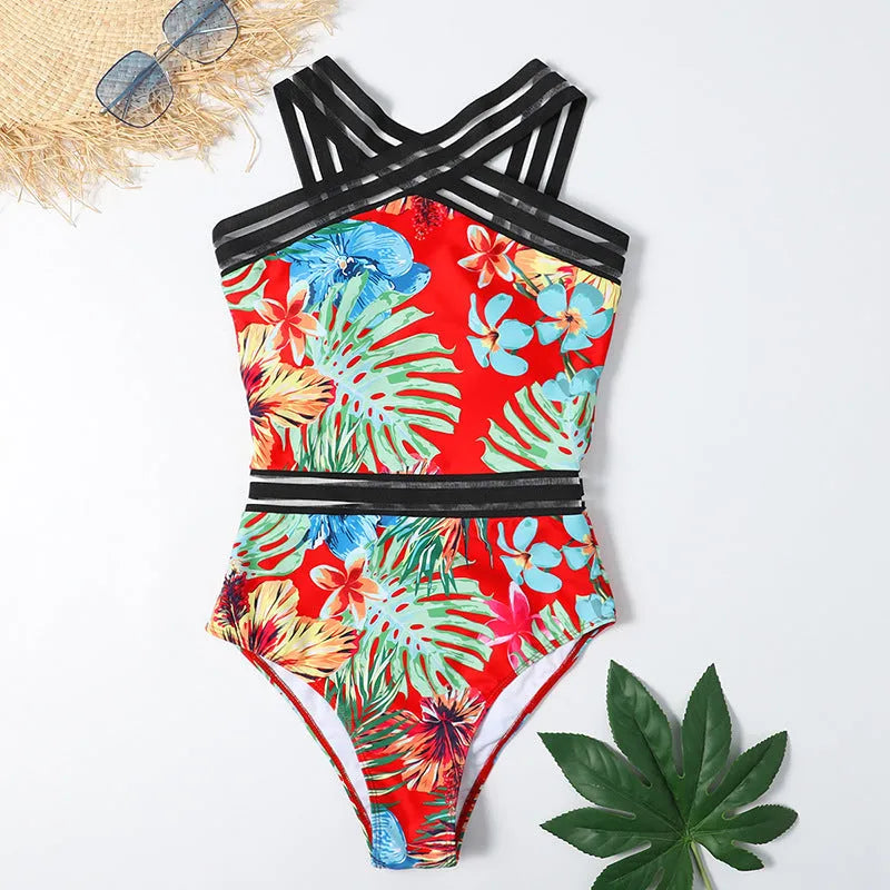 One-piece printed bikini swimsuit in black flower colour with polyester fabric and built-in chest pads