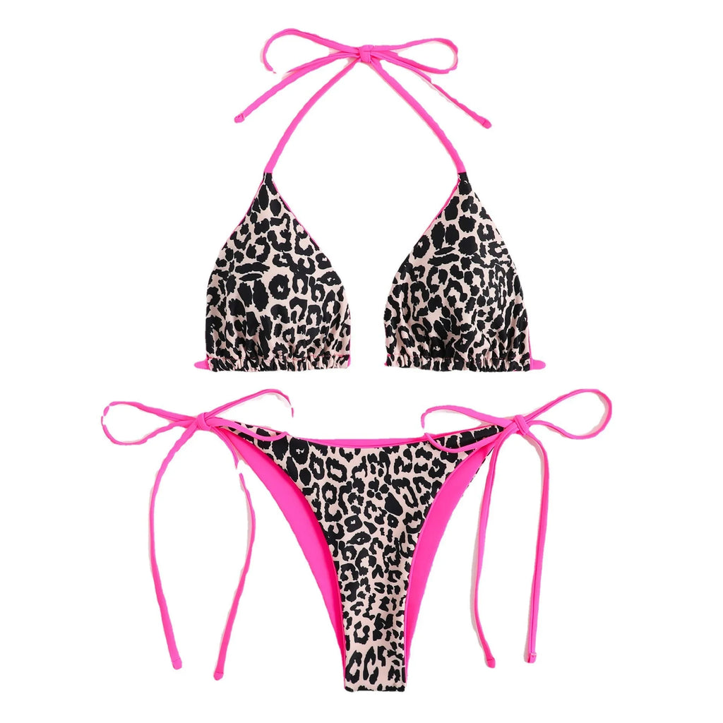 Women's lace-up front triangle bikini with split bottoms and adjustable halter neck ties