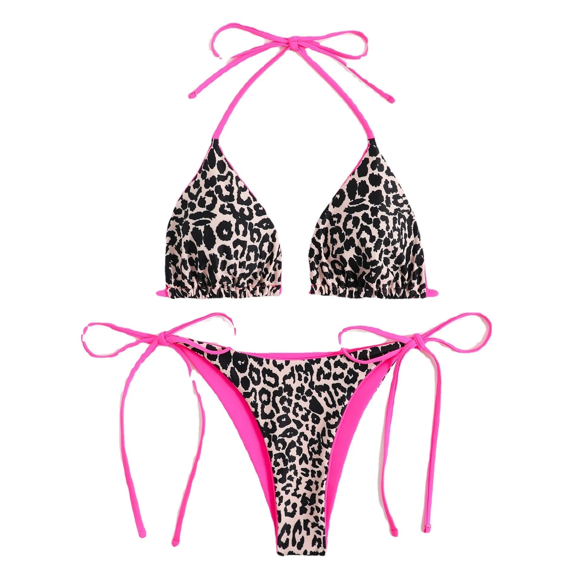 Women's lace-up front triangle bikini with split bottoms and adjustable halter neck ties