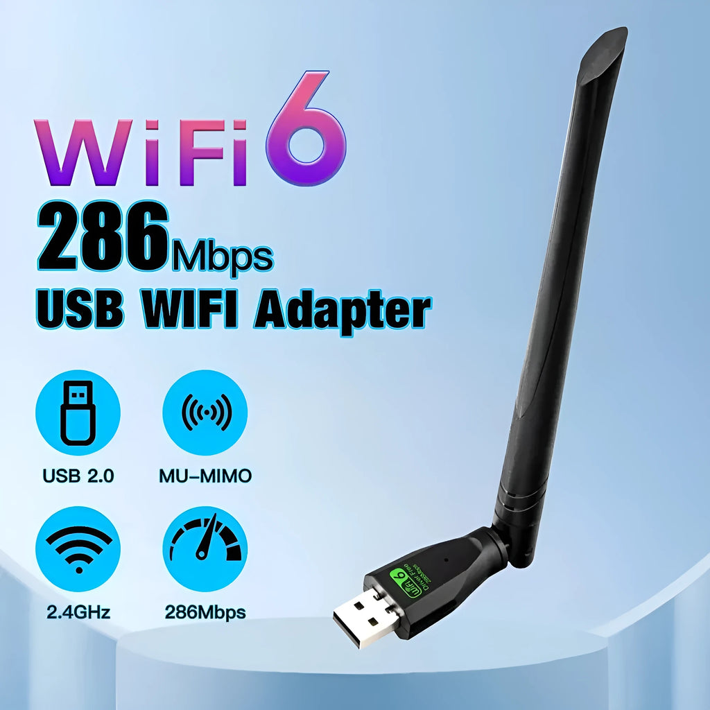 Black USB WiFi 6 wireless network card adapter for desktop PC and laptop connectivity.