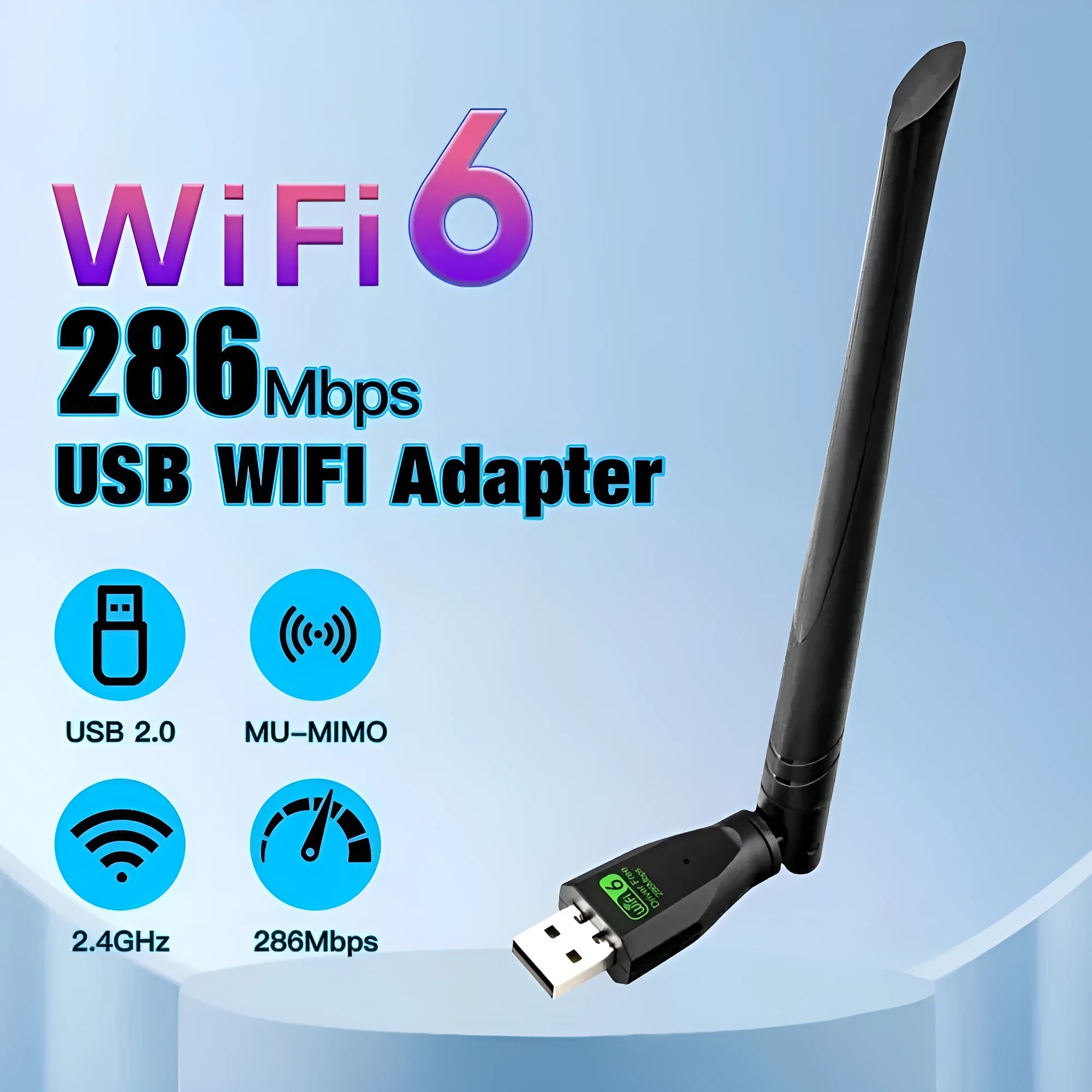 Black USB WiFi 6 wireless network card adapter for desktop PC and laptop connectivity.