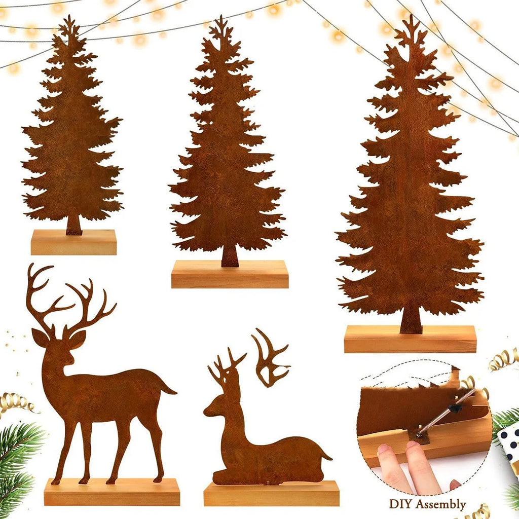 Set of three metal rusty Christmas tree elk decorations in American style for holiday display
