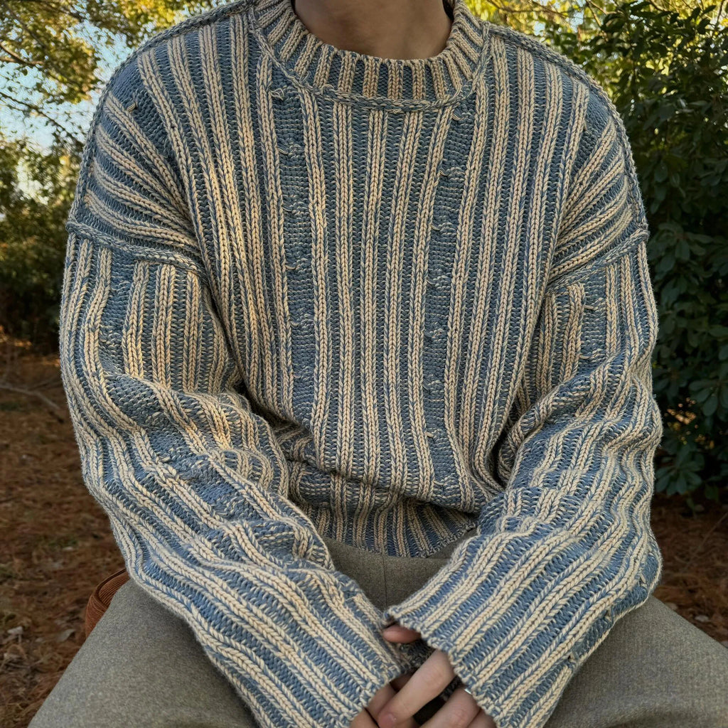 Men's blue stripes contrast colour cotton round neck loose fit casual sweater