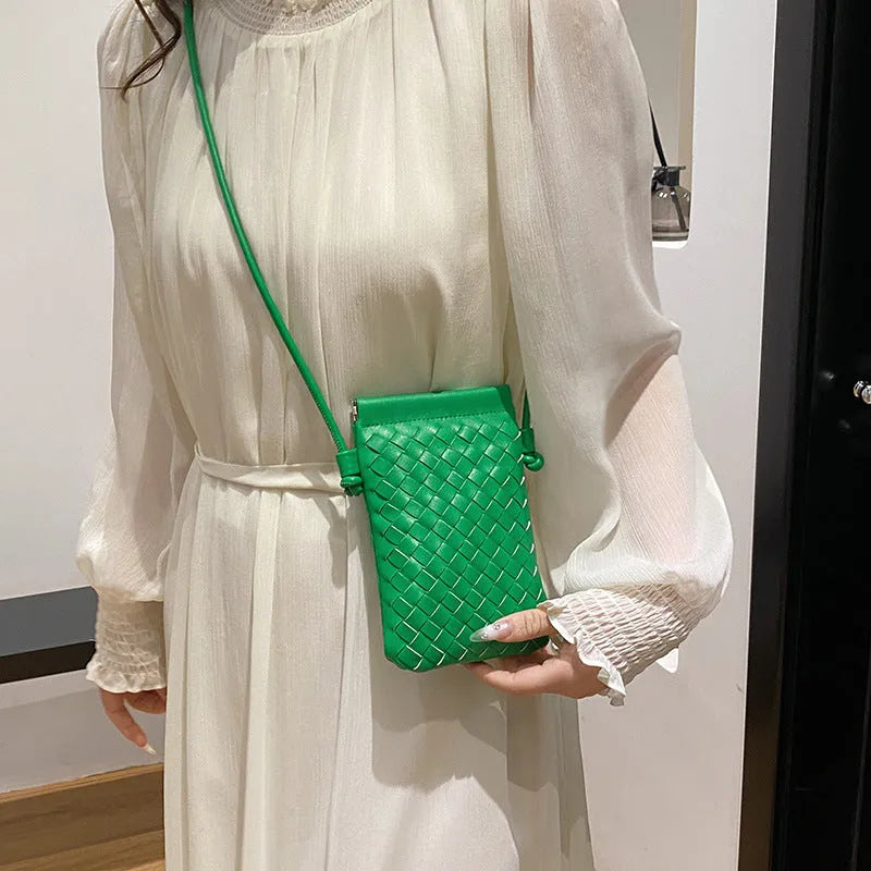 Vintage weave pattern PU leather crossbody phone bag in vertical square shape showing dark cell interior