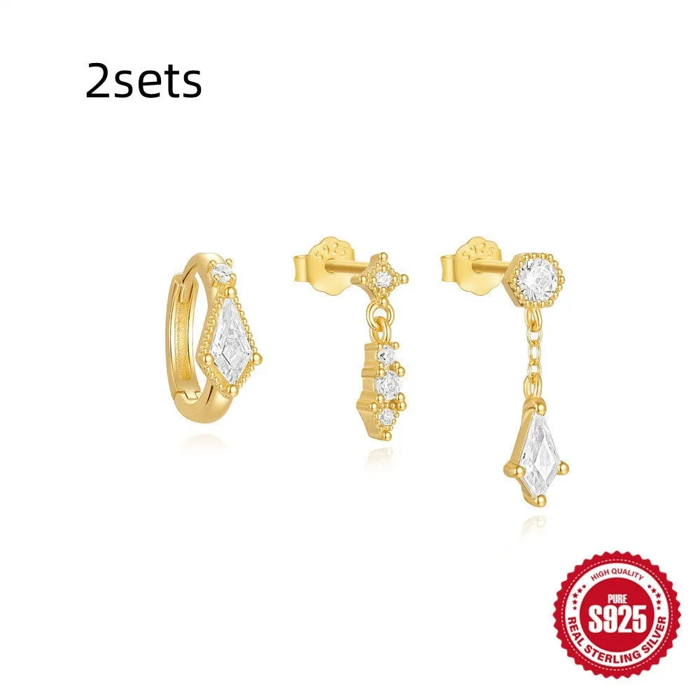 Three pairs of women's geometric zircon tassel earrings in sterling silver with gold colour variations