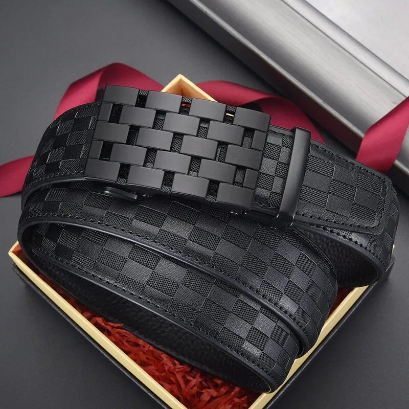 Men's genuine leather automatic buckle belt in carved plaid design on white background