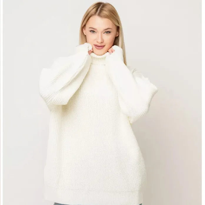 Women's solid colour high neck pullover sweater with 3D pattern in loose free size.