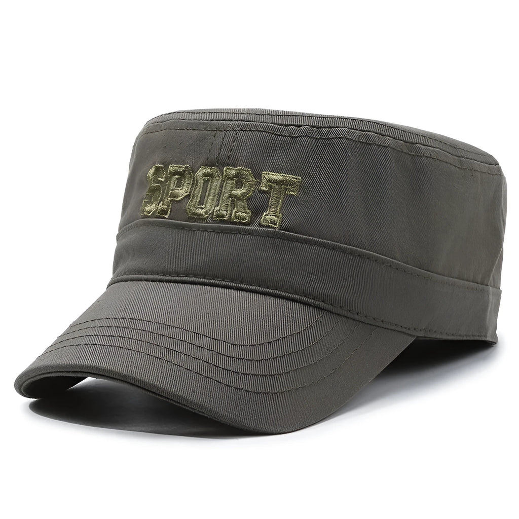 Men's adjustable cotton peaked cap with flat-top dome crown in army green colour showing English letter detailing