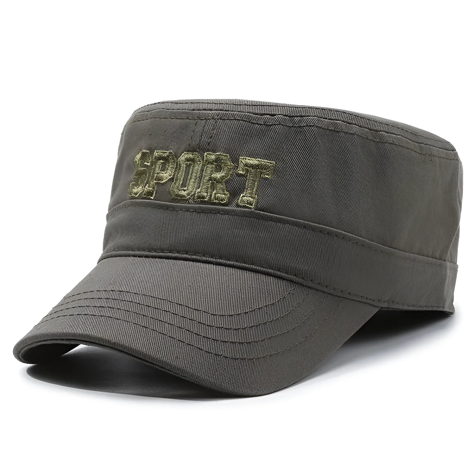 Men's adjustable cotton peaked cap with flat-top dome crown in army green colour showing English letter detailing