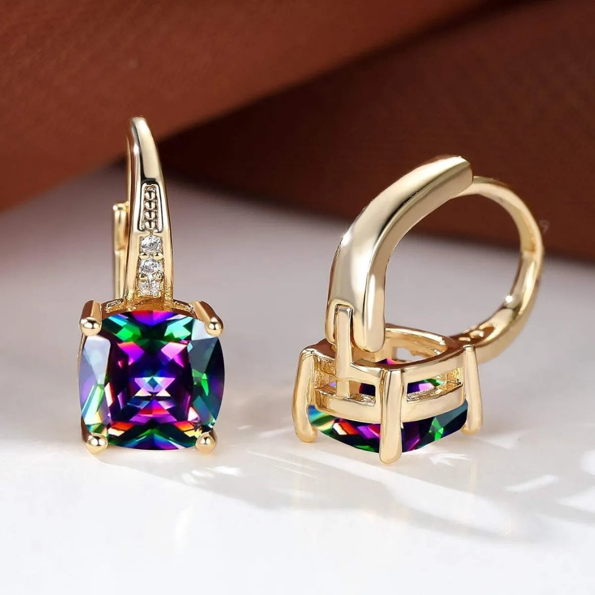 Square geometric moissanite ear clips with colourful inlays and electroplated finish