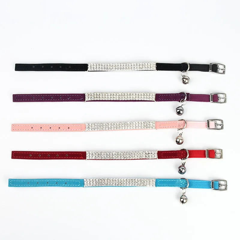 Velvet cat collar with rhinestone decorations in various colours showing adjustable strap