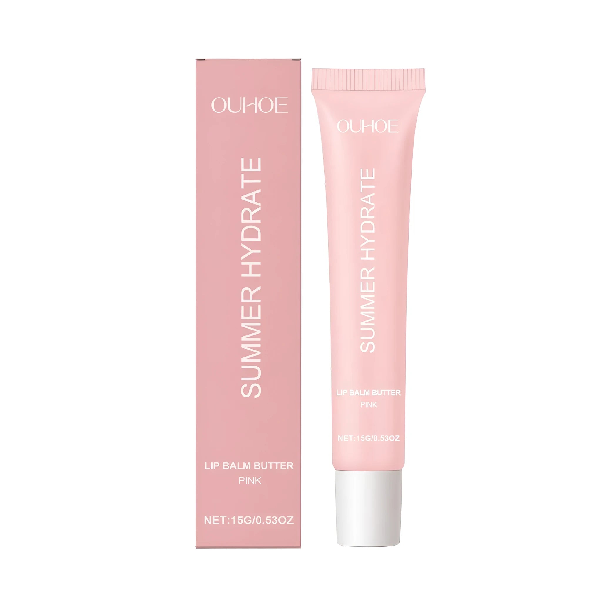 Pink coloured lip balm stick with shea butter and grape seed oil ingredients