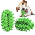 Green cactus-shaped rubber dog chew toy for dental cleaning, shown with dimensions.