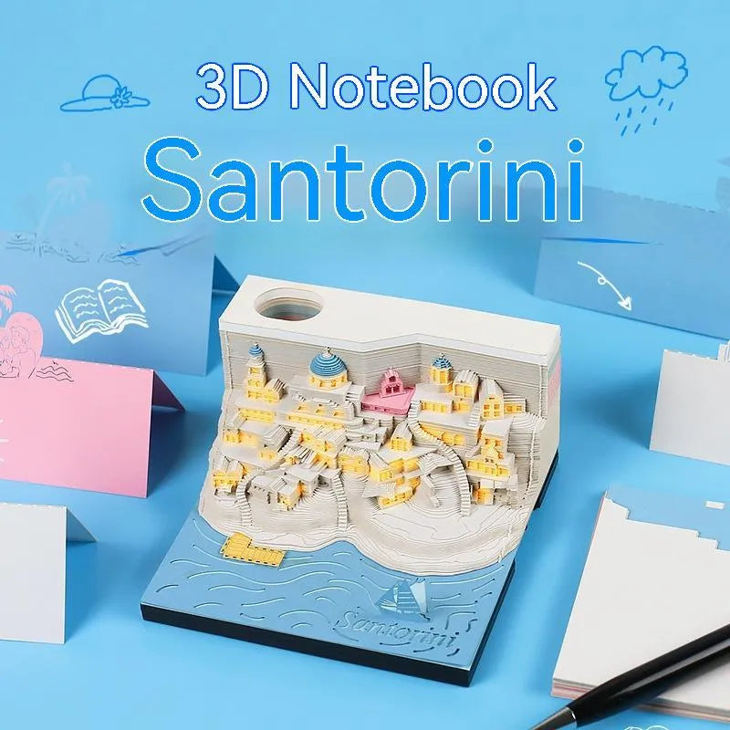 Santorini 3D notepad paper carving building model with 166 pages on desk