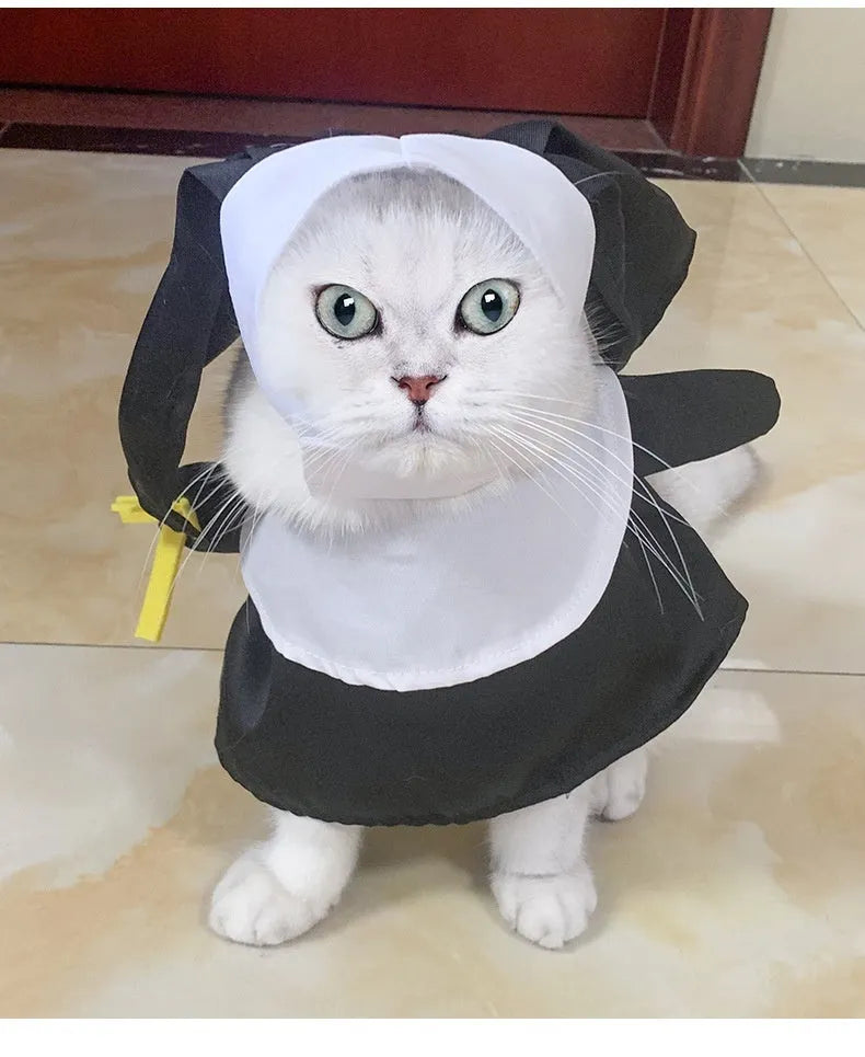 Black polyester nun costume for cats and dogs worn as Halloween pet dress up