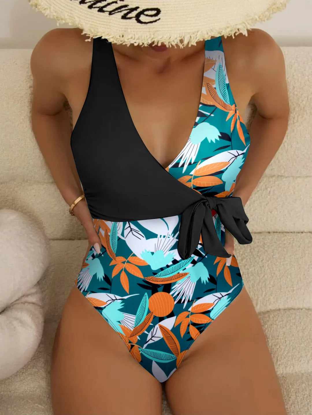 Women's high-waist one-piece swimsuit in printed pattern design with polyester and nylon construction