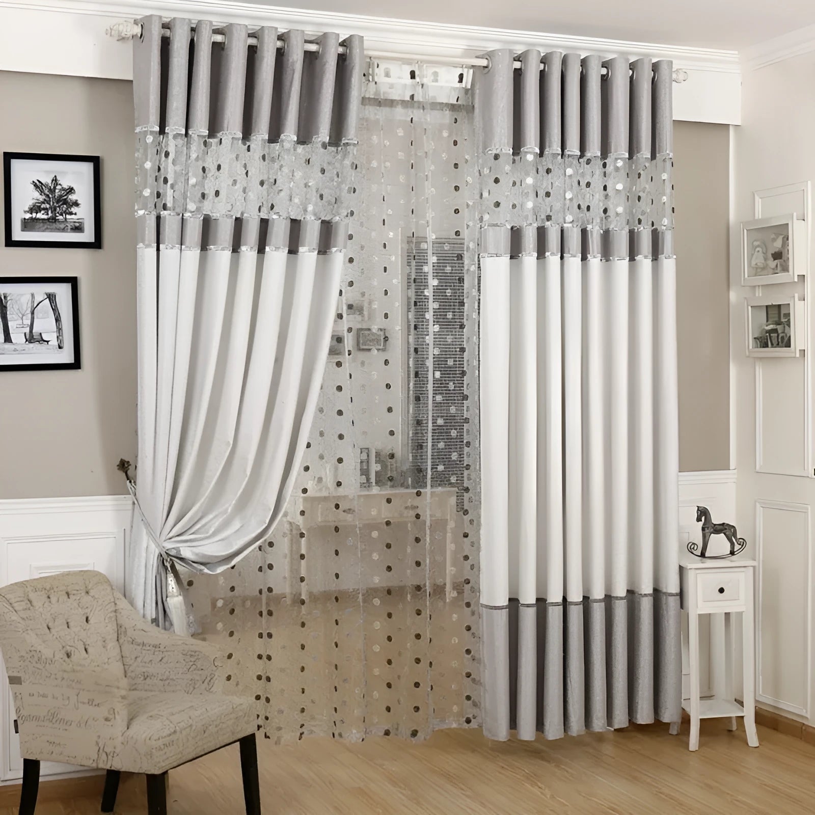 A single panel of simple blackout fabric curtain, showing hook, Korean hook, and ring hanging style options.