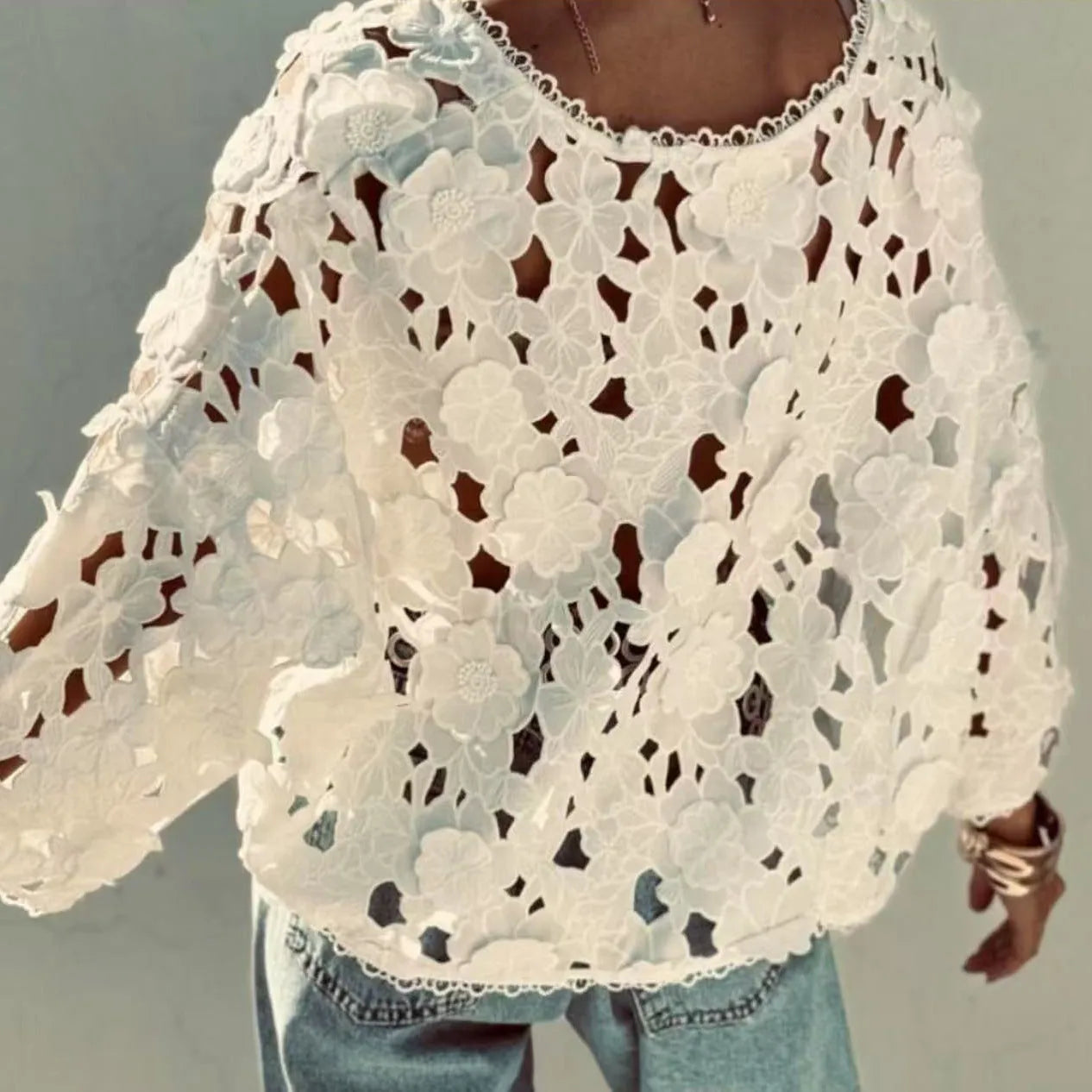 Women's black lace cardigan with three-dimensional floral decoration and V-neck design