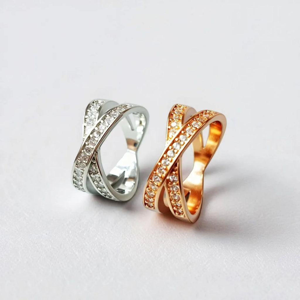 Metal cross ring with micro-inlaid zircon stones in silver or rose gold electroplated finish