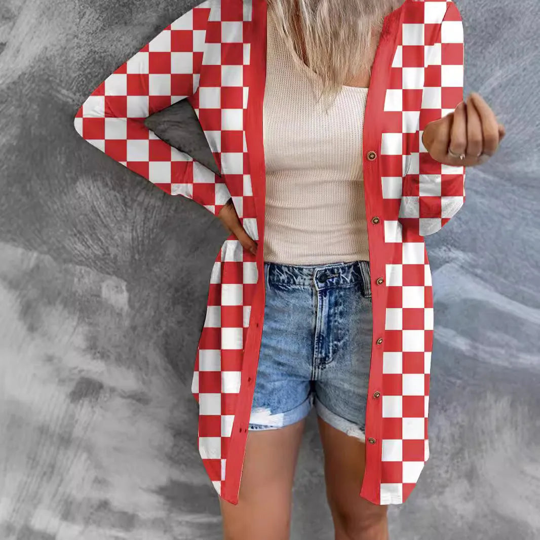 Women's long plaid knitted cardigan coat in polyester fabric with street fashion styling