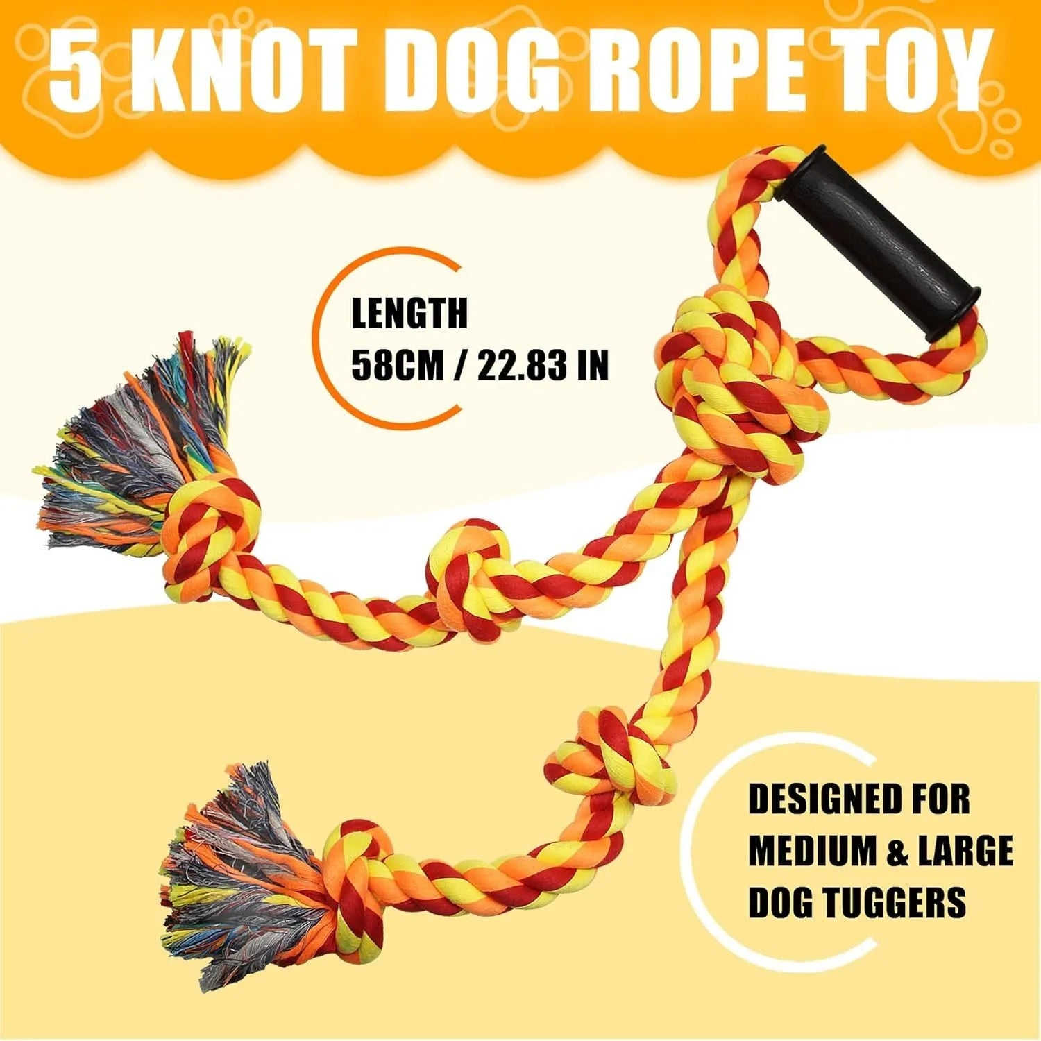 Large blue and yellow cotton rope dog toy with ergonomic handle for tug of war