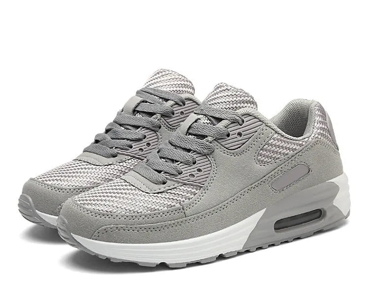 Women's casual shoes with a low heel in beige, grey, and pink colour options showing size chart.