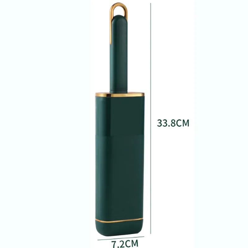Blue reusable pet hair remover brush with storage base for collecting shed hair from fabrics.