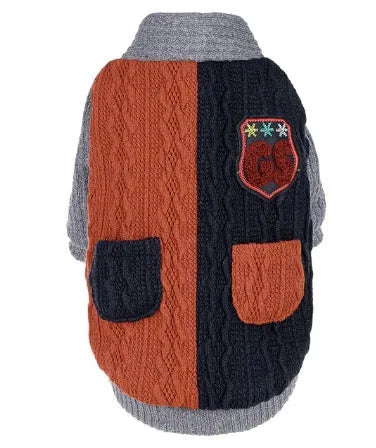 Blue dog sweater on a small breed dog showing cotton knit fabric and pull-on style