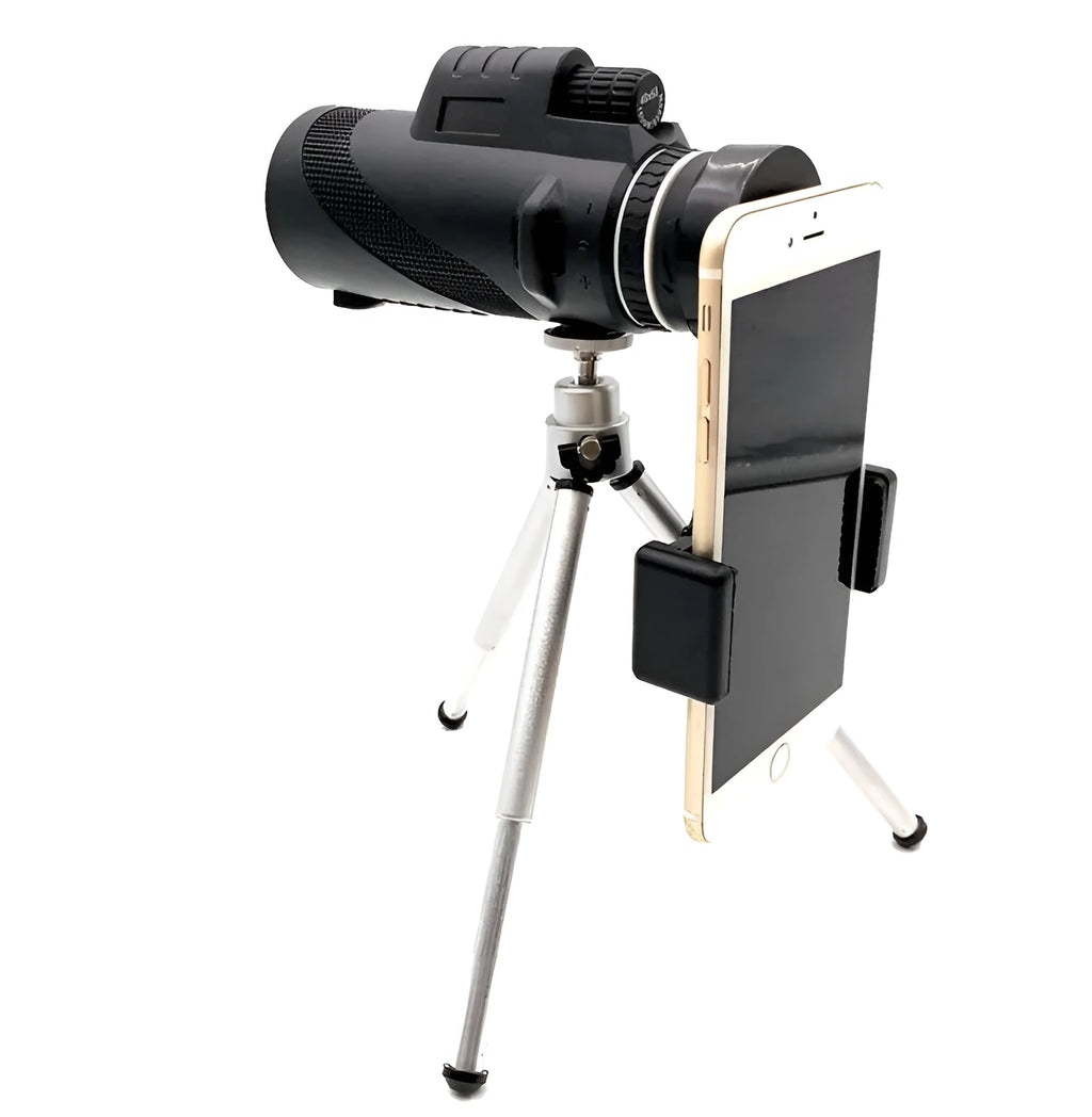 Black monocular telescope with 60mm lens for smartphones showing 40x magnification and waterproof design