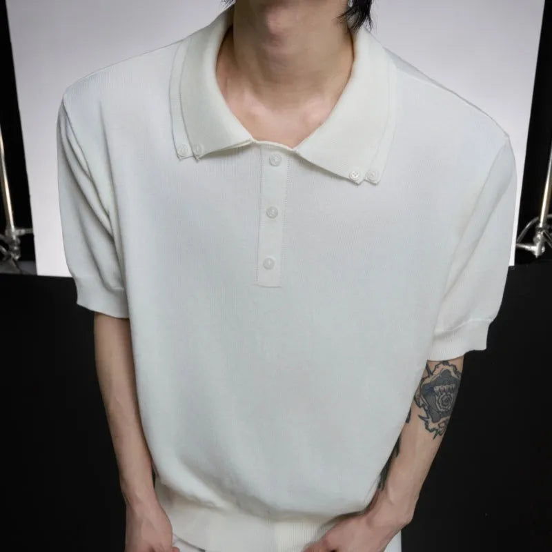 Men's grey slim fit short sleeve polyester shirt with a double collar and lapel design