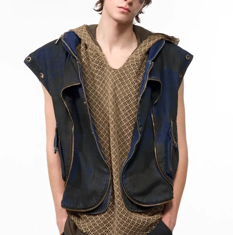 Blue denim vest coat with hood and matching trousers Korean style set